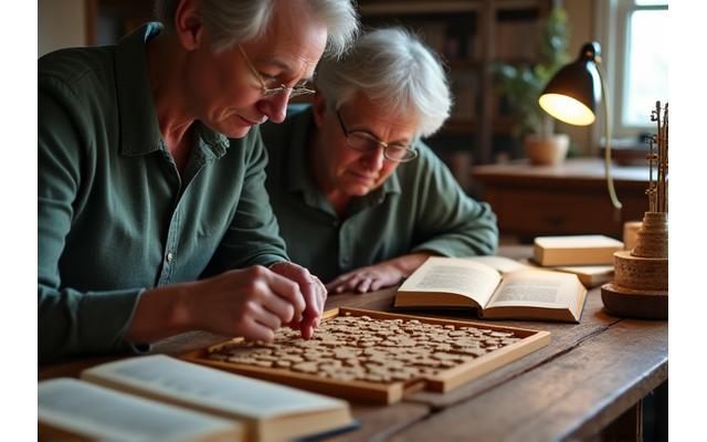 Person in their late 40s engaged in a challenging puzzle, surrounded by books and a warm light, symbolizing mental sharpness and continuous learning